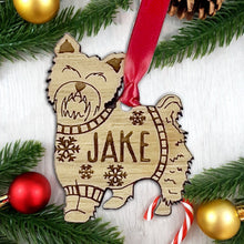 Load image into Gallery viewer, Personalised Yorkshire Terrier Bauble Jumper Dog Bauble - Oak Veneer Wood - Add any name