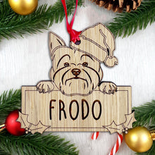 Load image into Gallery viewer, Personalised Yorkshire Terrier Dog Bauble - Peeking Dog - Oak Veneer Wood - Add your own name!