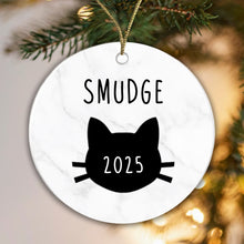 Load image into Gallery viewer, Personalised Ceramic Gift Boxed Cat Name and Year Bauble Christmas Tree Decoration