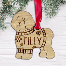 Load image into Gallery viewer, Personalised Bichon Frise Bauble Jumper Dog Bauble - Oak Veneer Wood - Add any name