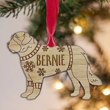 Load image into Gallery viewer, Personalised St Bernard Bauble Jumper Dog Bauble - Oak Veneer Wood - Add any name