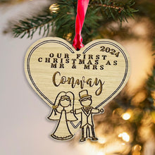 Load image into Gallery viewer, Personalised Mr & Mrs Stick Figure Tree Decoration - Sustainable Oak Wooden Bauble