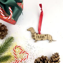 Load image into Gallery viewer, Personalised Daschund Bauble Jumper Dog Bauble - Oak Veneer Wood - Add any name