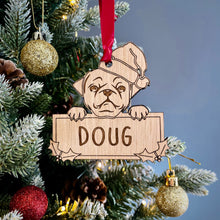 Load image into Gallery viewer, Personalised Pug Dog Bauble - Peeking Dog - Oak Veneer Wood - Add your own name!