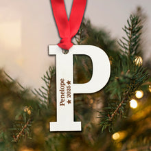 Load image into Gallery viewer, Personalised Wooden Letter Christmas Name and Year Initial Bauble