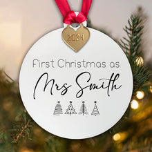 Load image into Gallery viewer, Personalised First Christmas as Mrs Surname Tree Decoration Bauble - Acrylic | Gift Boxed