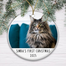 Load image into Gallery viewer, Personalised Cat's First Christmas Photo Bauble - Ceramic