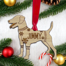 Load image into Gallery viewer, Personalised Patterdale Bauble Jumper Dog Bauble - Oak Veneer Wood - Add any name