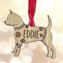 Load image into Gallery viewer, Personalised Smooth Coat Chihuahua Bauble Jumper Dog Bauble - Oak Veneer Wood - Add any name
