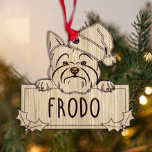 Load image into Gallery viewer, Personalised Yorkshire Terrier Dog Bauble - Peeking Dog - Oak Veneer Wood - Add your own name!