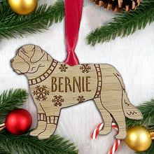 Load image into Gallery viewer, Personalised St Bernard Bauble Jumper Dog Bauble - Oak Veneer Wood - Add any name