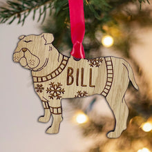 Load image into Gallery viewer, Personalised Bulldog Bauble Jumper Dog Bauble - Oak Veneer Wood - Add any name