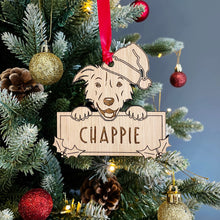 Load image into Gallery viewer, Personalised Border Collie Dog Bauble - Peeking Dog - Oak Veneer Wood - Add your own name!