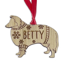 Load image into Gallery viewer, Personalised Shetland Bauble Jumper Dog Bauble - Oak Veneer Wood - Add any name