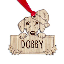 Load image into Gallery viewer, Personalised Dachshund Dog Bauble - Peeking Dog - Oak Veneer Wood - Add your own name!