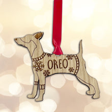 Load image into Gallery viewer, Personalised Miniature Pinscher Bauble Jumper Dog Bauble - Oak Veneer Wood - Add any name