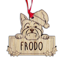 Load image into Gallery viewer, Personalised Yorkshire Terrier Dog Bauble - Peeking Dog - Oak Veneer Wood - Add your own name!