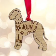 Load image into Gallery viewer, Personalised Bedlington Bauble Jumper Dog Bauble - Oak Veneer Wood - Add any name