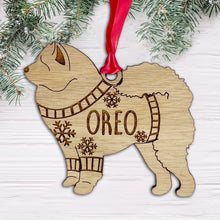 Load image into Gallery viewer, Personalised Chow Chow Bauble Jumper Dog Bauble - Oak Veneer Wood - Add any name
