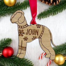 Load image into Gallery viewer, Personalised Bedlington Bauble Jumper Dog Bauble - Oak Veneer Wood - Add any name