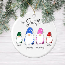 Load image into Gallery viewer, Personalised Gonk Family Christmas Bauble Cermic - 2 Children Names + Surname - Gift Boxed