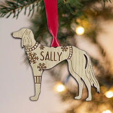 Load image into Gallery viewer, Personalised Saluki Bauble Jumper Dog Bauble - Oak Veneer Wood - Add any name
