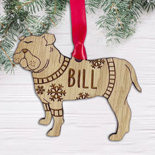 Load image into Gallery viewer, Personalised Bulldog Bauble Jumper Dog Bauble - Oak Veneer Wood - Add any name