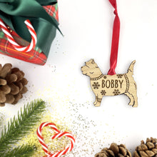 Load image into Gallery viewer, Personalised Cairn Terrier Bauble Jumper Dog Bauble - Oak Veneer Wood - Add any name