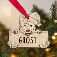 Load image into Gallery viewer, Personalised Husky Dog Bauble - Peeking Dog - Oak Veneer Wood - Add your own name!