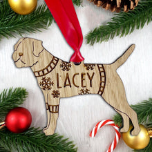 Load image into Gallery viewer, Personalised Border Terrier Bauble Jumper Dog Bauble - Oak Veneer Wood - Add any name