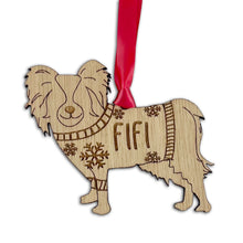 Load image into Gallery viewer, Personalised Papillion Bauble Jumper Dog Bauble - Oak Veneer Wood - Add any name