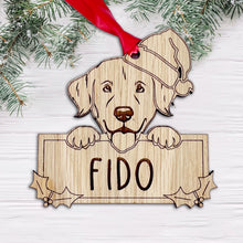 Load image into Gallery viewer, Personalised Golden Retriever Dog Bauble - Peeking Dog - Oak Veneer Wood - Add your own name!