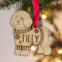 Load image into Gallery viewer, Personalised Bichon Frise Bauble Jumper Dog Bauble - Oak Veneer Wood - Add any name