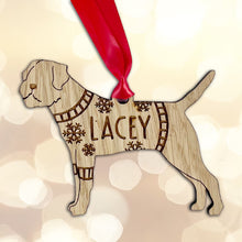 Load image into Gallery viewer, Personalised Border Terrier Bauble Jumper Dog Bauble - Oak Veneer Wood - Add any name
