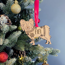 Load image into Gallery viewer, Personalised Papillion Bauble Jumper Dog Bauble - Oak Veneer Wood - Add any name