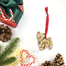 Load image into Gallery viewer, Personalised Yorkshire Terrier Bauble Jumper Dog Bauble - Oak Veneer Wood - Add any name