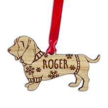 Load image into Gallery viewer, Personalised Basset Hound Bauble Jumper Dog Bauble - Oak Veneer Wood - Add any name