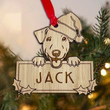 Load image into Gallery viewer, Personalised Jack Russell Dog Bauble - Peeking Dog - Oak Veneer Wood - Add your own name!