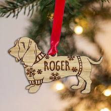 Load image into Gallery viewer, Personalised Basset Hound Bauble Jumper Dog Bauble - Oak Veneer Wood - Add any name