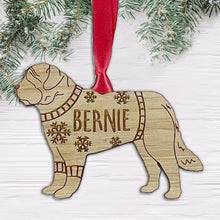 Load image into Gallery viewer, Personalised St Bernard Bauble Jumper Dog Bauble - Oak Veneer Wood - Add any name