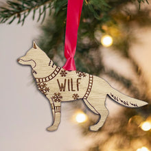 Load image into Gallery viewer, Personalised German Shepherd Bauble Jumper Dog Bauble - Oak Veneer Wood - Add any name