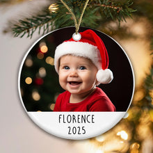 Load image into Gallery viewer, Personalised Christmas Ceramic Photo Baby Bauble Gift Boxed