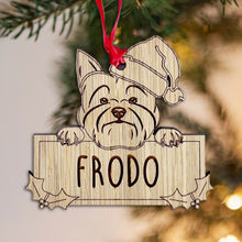 Load image into Gallery viewer, Personalised Yorkshire Terrier Dog Bauble - Peeking Dog - Oak Veneer Wood - Add your own name!