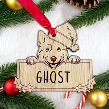 Load image into Gallery viewer, Personalised Husky Dog Bauble - Peeking Dog - Oak Veneer Wood - Add your own name!
