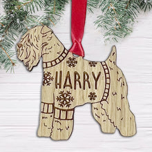 Load image into Gallery viewer, Personalised Soft Coated Wheaten Terrier Bauble Jumper Dog Bauble - Oak Veneer Wood - Add any name