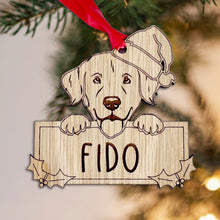 Load image into Gallery viewer, Personalised Golden Retriever Dog Bauble - Peeking Dog - Oak Veneer Wood - Add your own name!