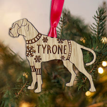 Load image into Gallery viewer, Personalised Boxer Bauble Jumper Dog Bauble - Oak Veneer Wood - Add any name