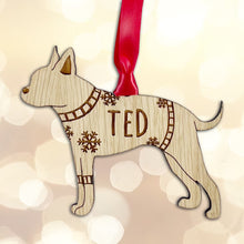 Load image into Gallery viewer, Personalised Boston Terrier Bauble Jumper Dog Bauble - Oak Veneer Wood - Add any name