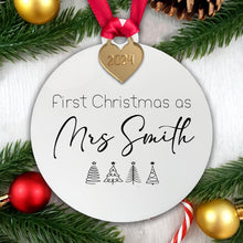 Load image into Gallery viewer, Personalised First Christmas as Mrs Surname Tree Decoration Bauble - Acrylic | Gift Boxed