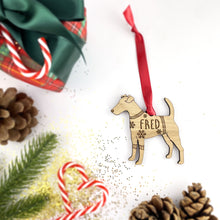 Load image into Gallery viewer, Personalised Fox Terrier Bauble Jumper Dog Bauble - Oak Veneer Wood - Add any name